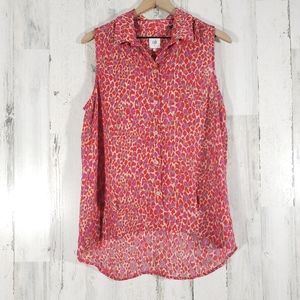 Cabi Pink Animal Print Sleeveless Button Up Red Watercolor Blouse